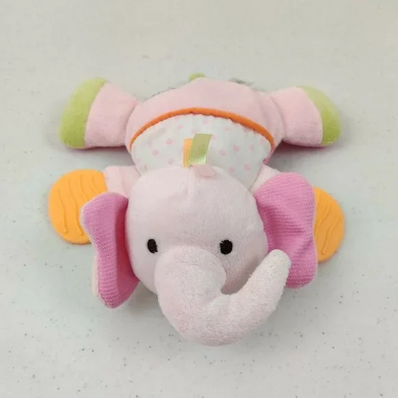Carters Plush Elephant Baby Toy Pink Rattle Teether Crinkle Flat - Picture 1 of 8